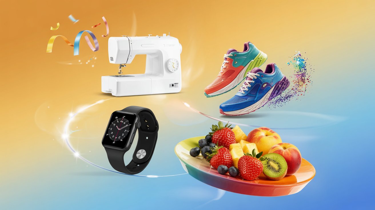 Nähmaschiene mit Laufschuhen einer Smartwatch und ein Obstteller